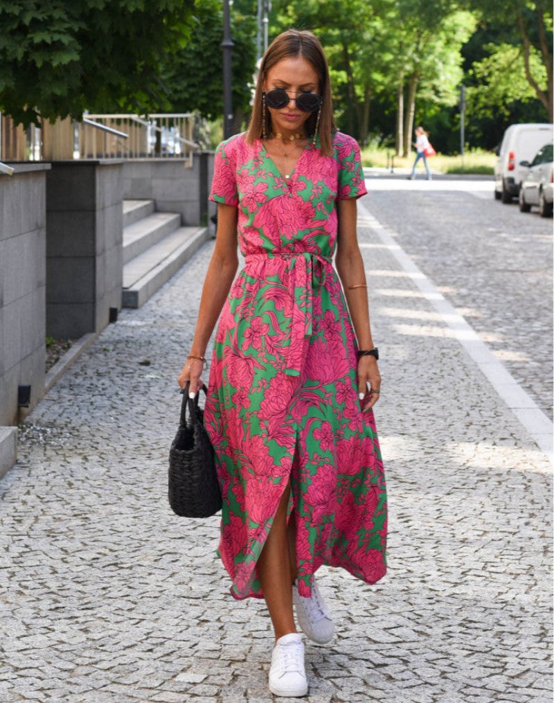 Vestido Envolvente Midi de Algodón con Diseño Floral y Cinta Ajustable