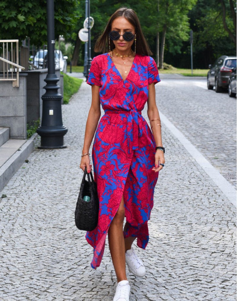 Vestido Envolvente Midi de Algodón con Diseño Floral y Cinta Ajustable