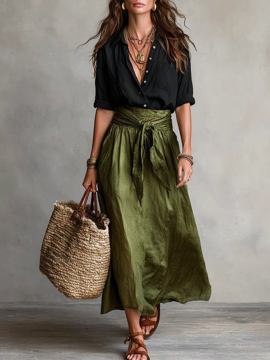 Conjunto Femenino de Dos Piezas con Blusa de Botones y Falda Maxi de Talle Alto