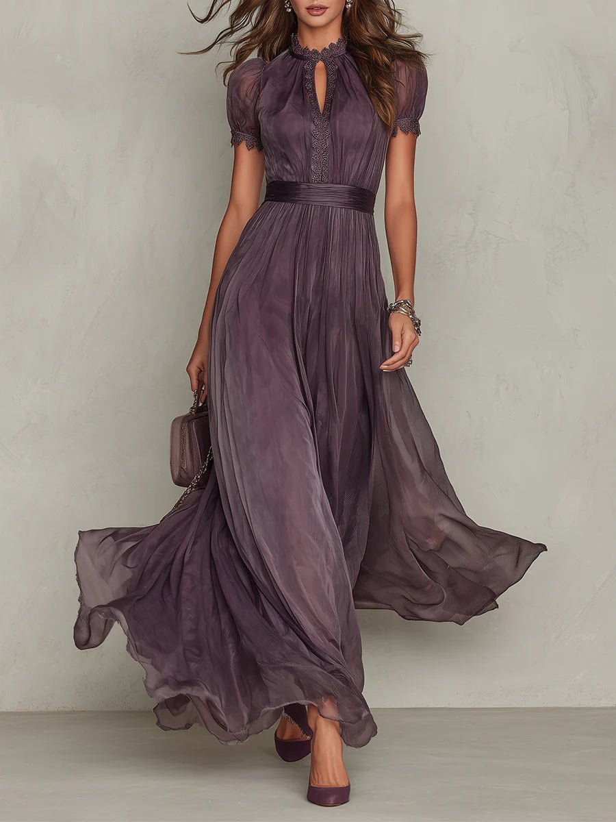 Vestido Largo de Fiesta con Detalles de Encaje, Escote Gota y Silueta en Línea A