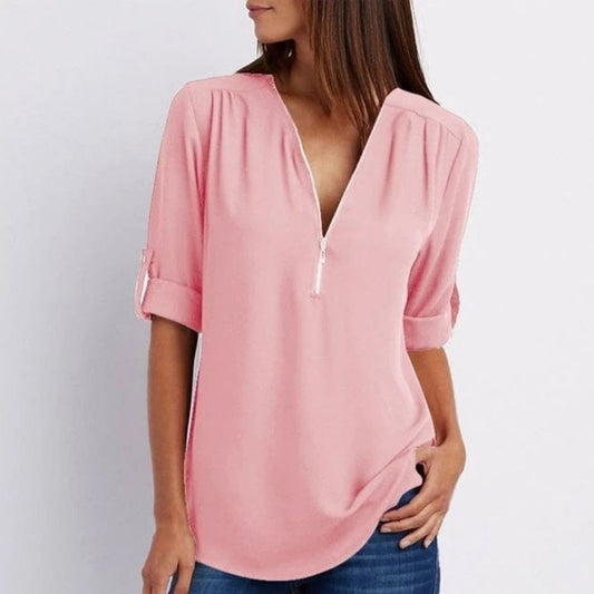 Blusa fluida con escote en V y cremallera con mangas ajustables