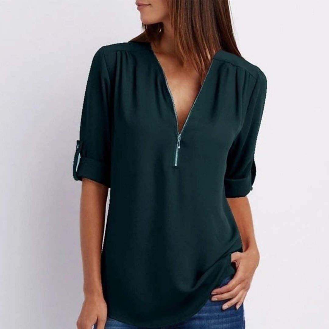 Blusa fluida con escote en V y cremallera con mangas ajustables