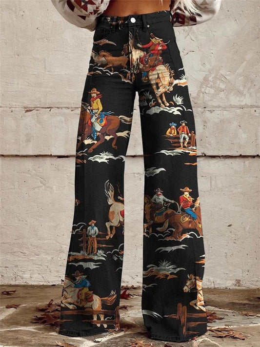 Pantalón de mezclilla de corte ancho y tiro alto con estampado vaquero para mujer