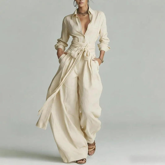 Set Femenino de Lino con Blusa y Pantalón de Pernera Ancha