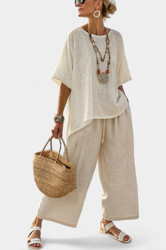 Conjunto casual de lino para mujer con blusa asimétrica y pantalón holgado