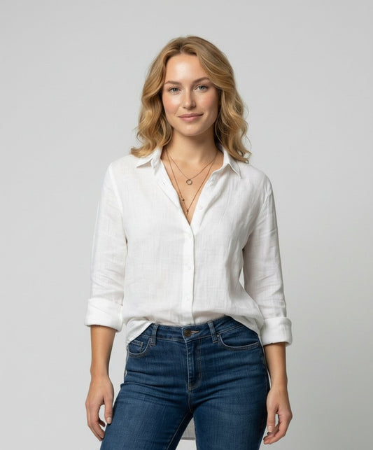 Camisa de Lino con Botones y Manga 3/4 para Mujer