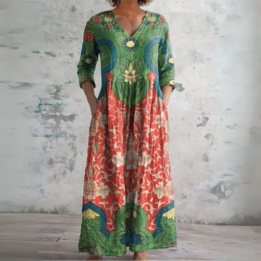 Vestido Largo Estilo Boho en Lino con Cuello V y Motivos Étnicos