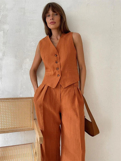 Conjunto de dos piezas en mezcla de lino con pantalón de pierna ancha y chaqueta para mujer