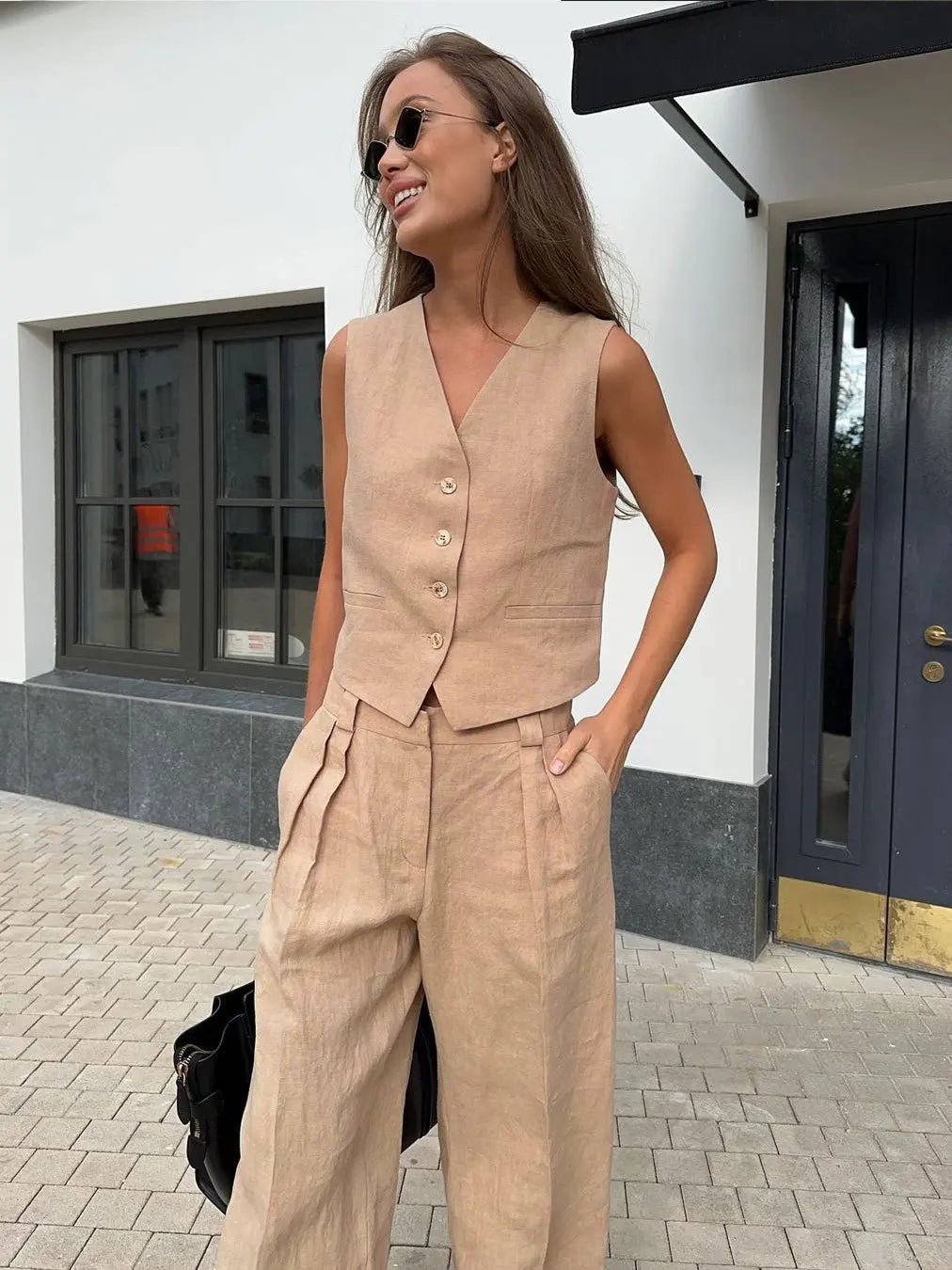 Conjunto de dos piezas en mezcla de lino con pantalón de pierna ancha y chaqueta para mujer