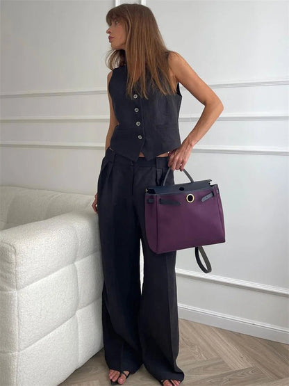 Conjunto de dos piezas en mezcla de lino con pantalón de pierna ancha y chaqueta para mujer