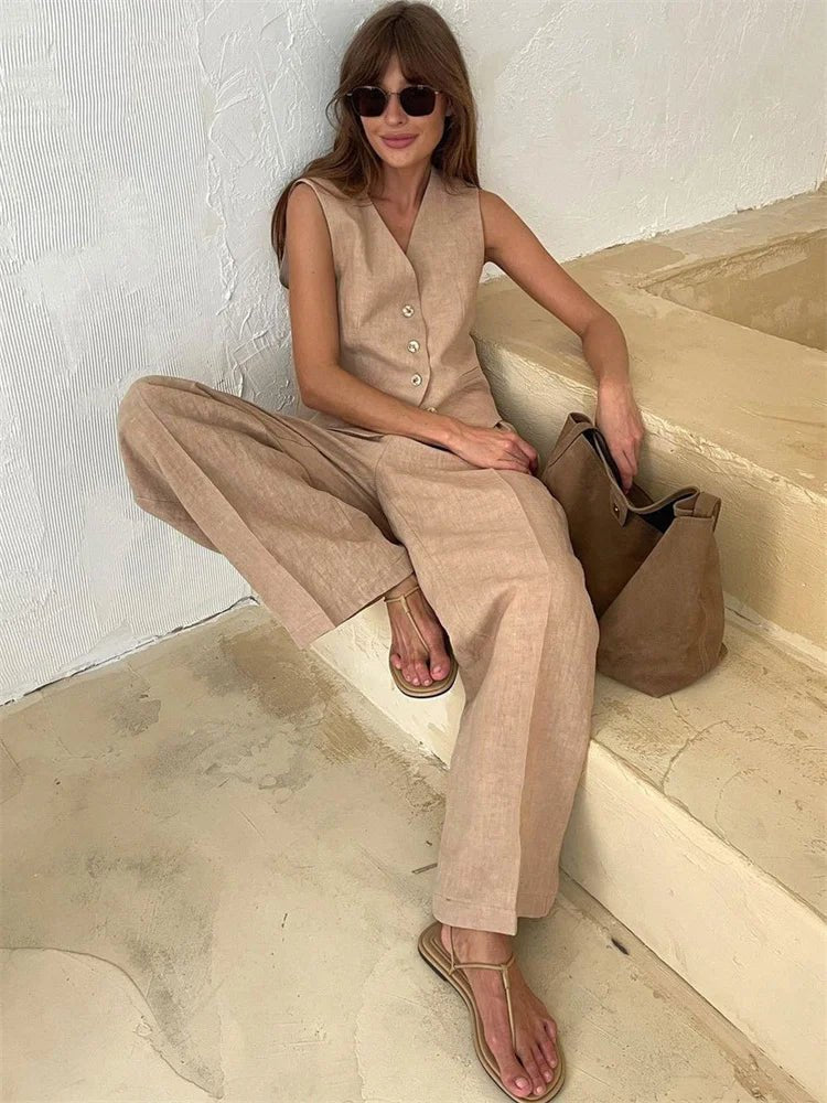 Conjunto de dos piezas en mezcla de lino con pantalón de pierna ancha y chaqueta para mujer