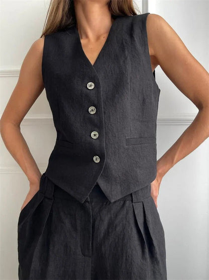 Conjunto de dos piezas en mezcla de lino con pantalón de pierna ancha y chaqueta para mujer