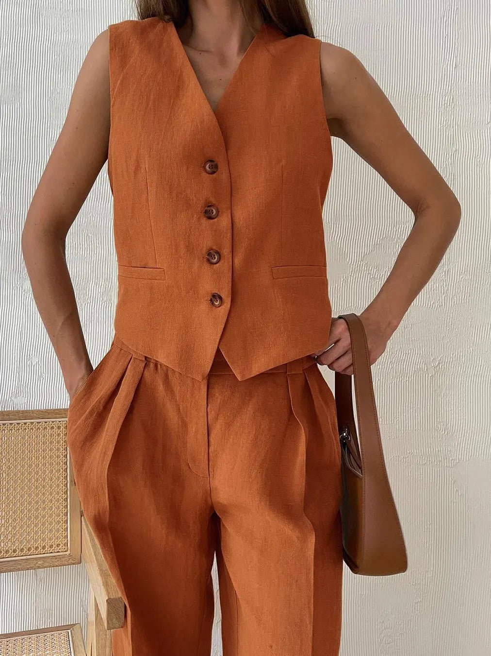 Conjunto de dos piezas en mezcla de lino con pantalón de pierna ancha y chaqueta para mujer