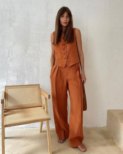 Conjunto de dos piezas en mezcla de lino con pantalón de pierna ancha y chaqueta para mujer