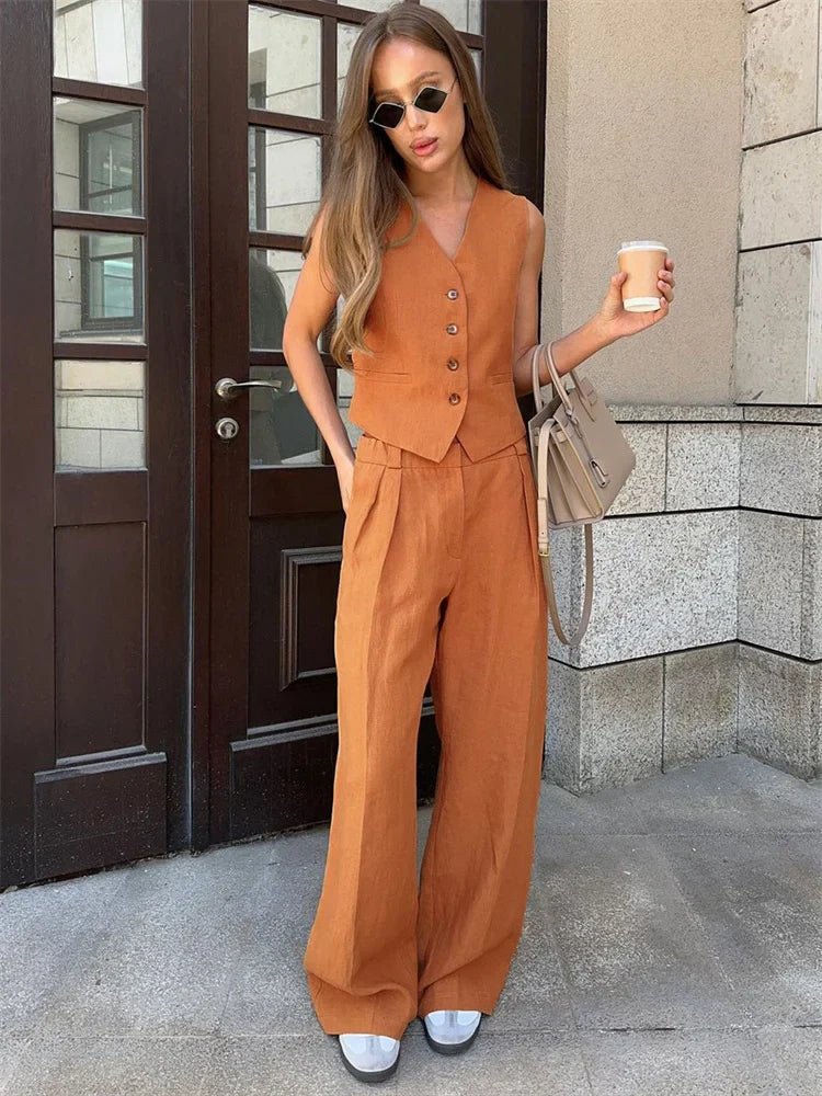 Conjunto de dos piezas en mezcla de lino con pantalón de pierna ancha y chaqueta para mujer