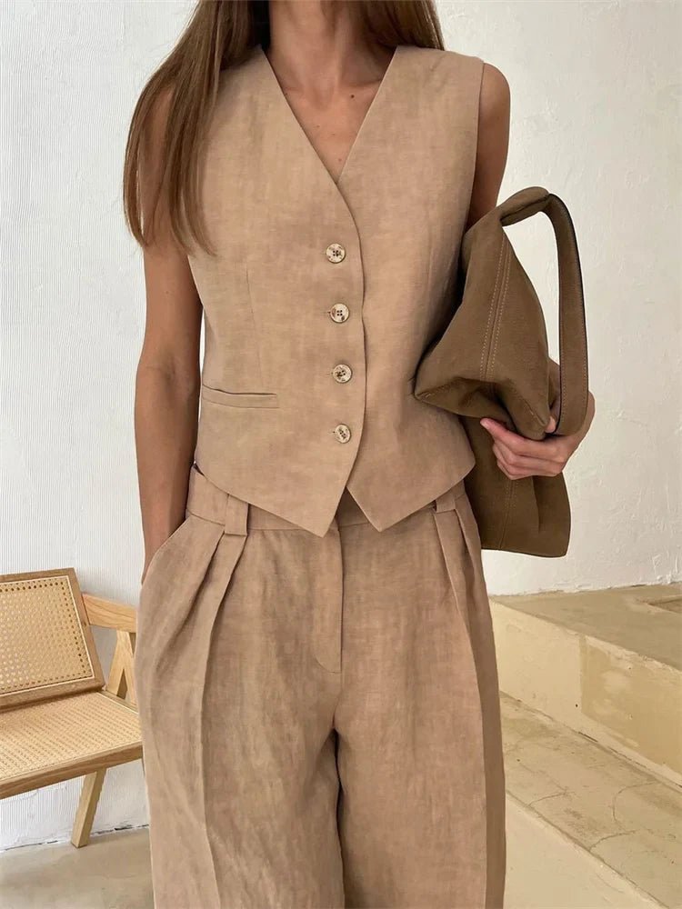 Conjunto de dos piezas en mezcla de lino con pantalón de pierna ancha y chaqueta para mujer