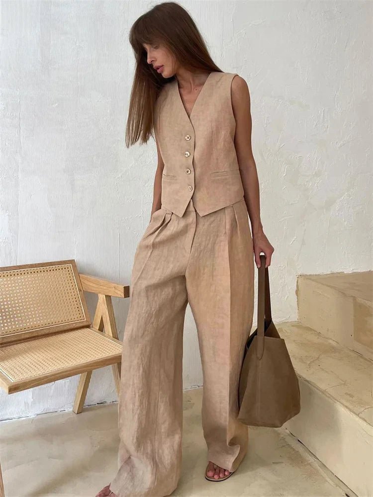 Conjunto de dos piezas en mezcla de lino con pantalón de pierna ancha y chaqueta para mujer