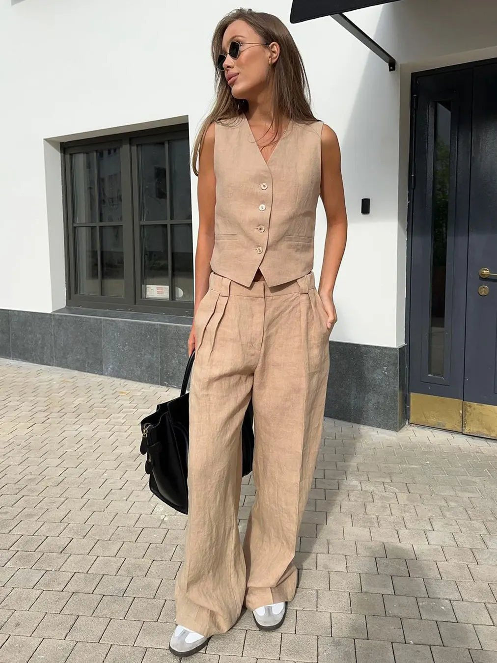 Conjunto de dos piezas en mezcla de lino con pantalón de pierna ancha y chaqueta para mujer