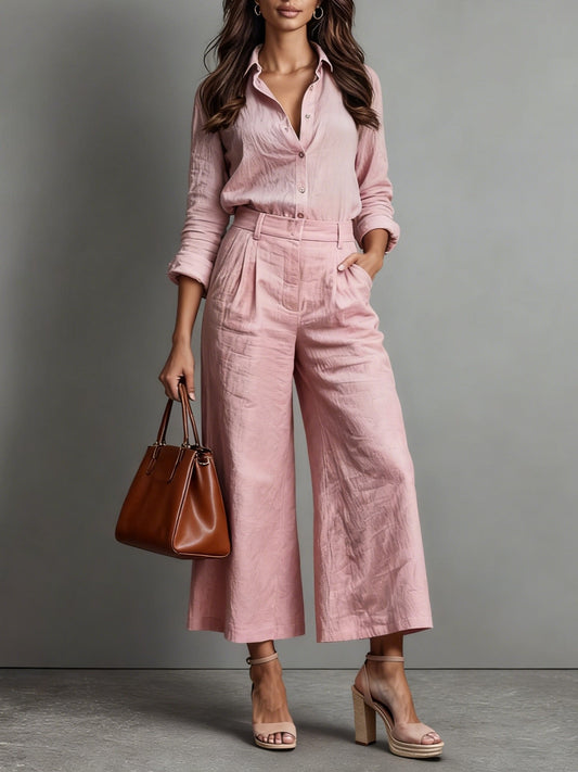 Set de Dos Piezas para Mujer: Blusa Abotonada de Lino y Pantalón Holgado