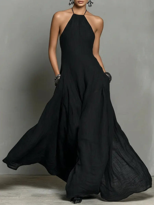 Vestido Maxi Fluido con Escote Halter en Mezcla de Lino