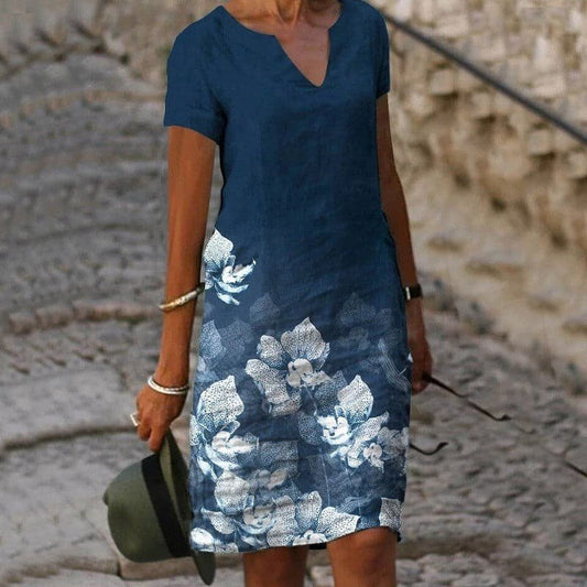 Vestido casual de lino corte midi con cuello en V para mujer
