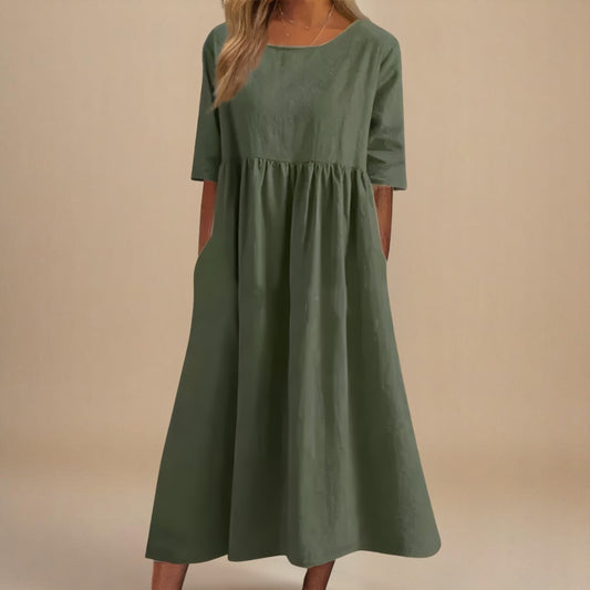 Vestido Casual Midi en Lino con Silueta Imperio y Caída Relajada