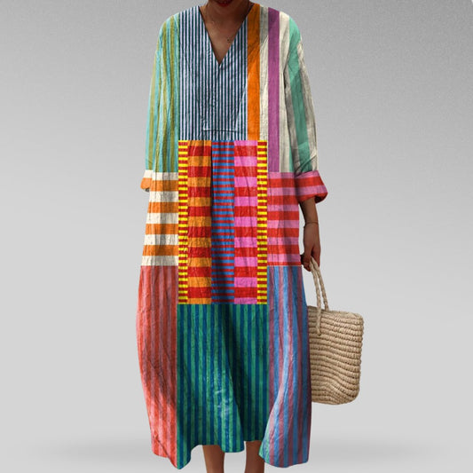 Maxivestido amplio de lino con escote en V para mujer