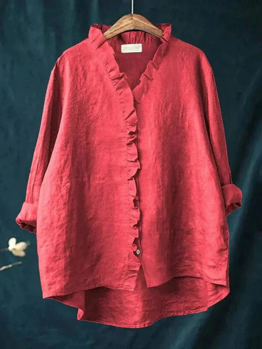 Blusa holgada en mezcla de lino y algodón con cuello de volantes
