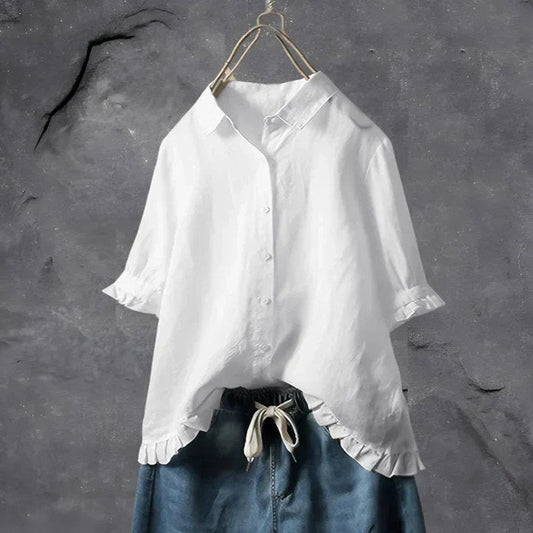 Blusa de Lino de Corte Holgado con Botones y Olanes en las Mangas