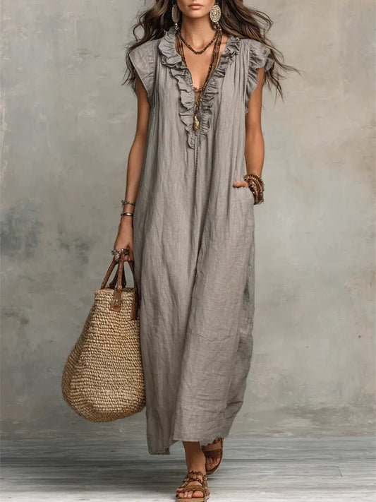 Vestido Largo de Lino con Cuello en V y Detalle de Volantes