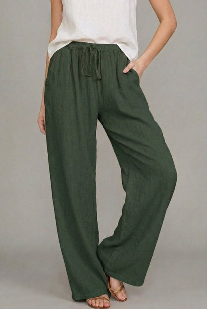 Pantalón holgado de lino con pretina elástica para mujer