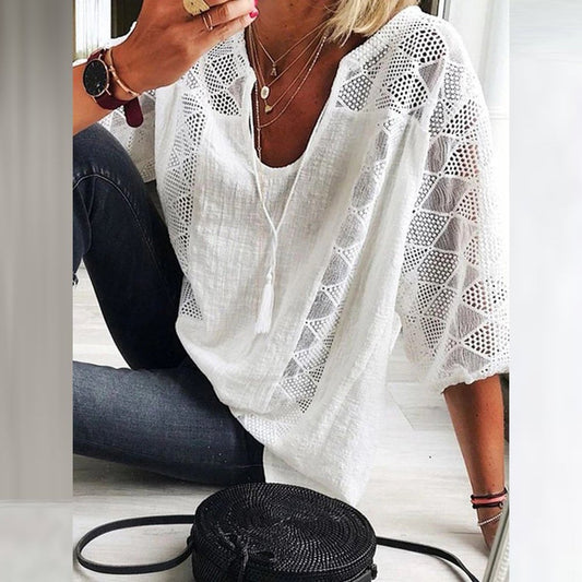 Blusa holgada estilo bohemio con mangas 3/4 y aplicaciones de crochet