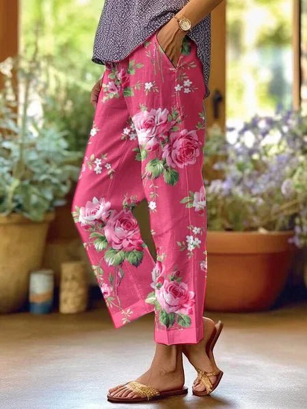 Pantalón Casual de Silueta Amplia con Estampado Floral y Bolsillos