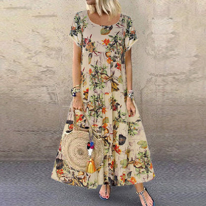 Vestido Largo Corte en A con Estampado Floral y Mangas Cortas