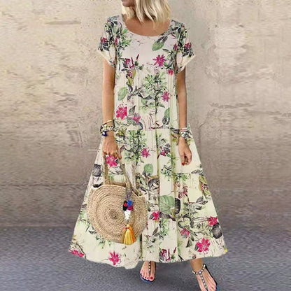 Vestido Largo Corte en A con Estampado Floral y Mangas Cortas