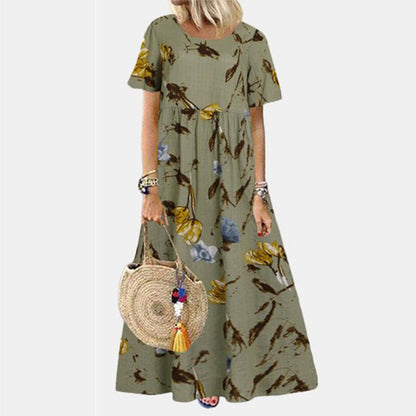 Vestido Largo Corte en A con Estampado Floral y Mangas Cortas