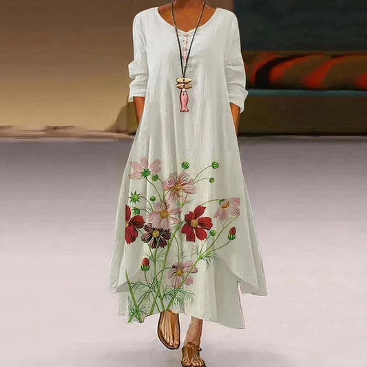 Vestido Largo de Silueta Amplia con Estampado Floral y Manga Larga para Mujer