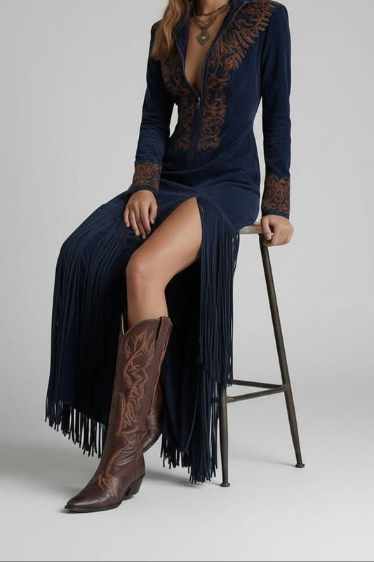Vestido largo de fiesta con detalles bordados y flecos
