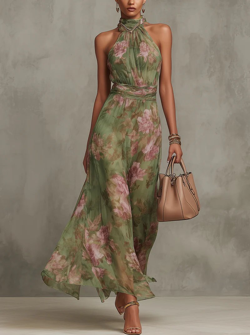 Vestido Largo Floral de Escote Halter sin Mangas