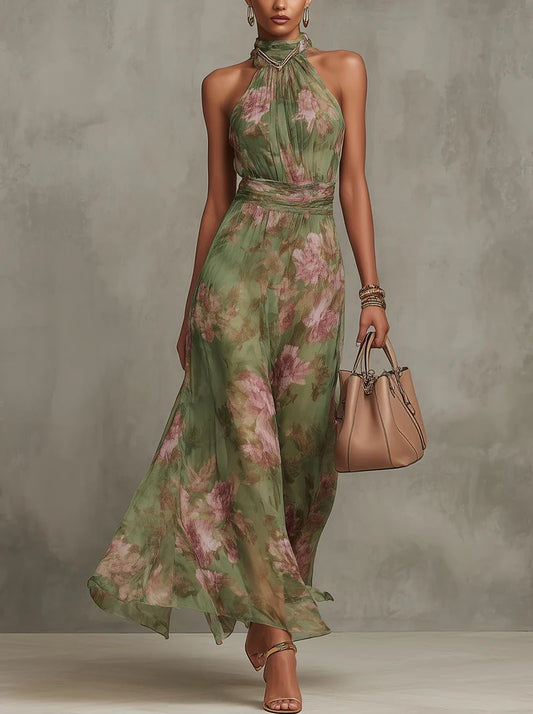 Vestido Largo Floral de Escote Halter sin Mangas