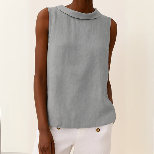 Blusa femenina sin mangas de lino con cuello subido