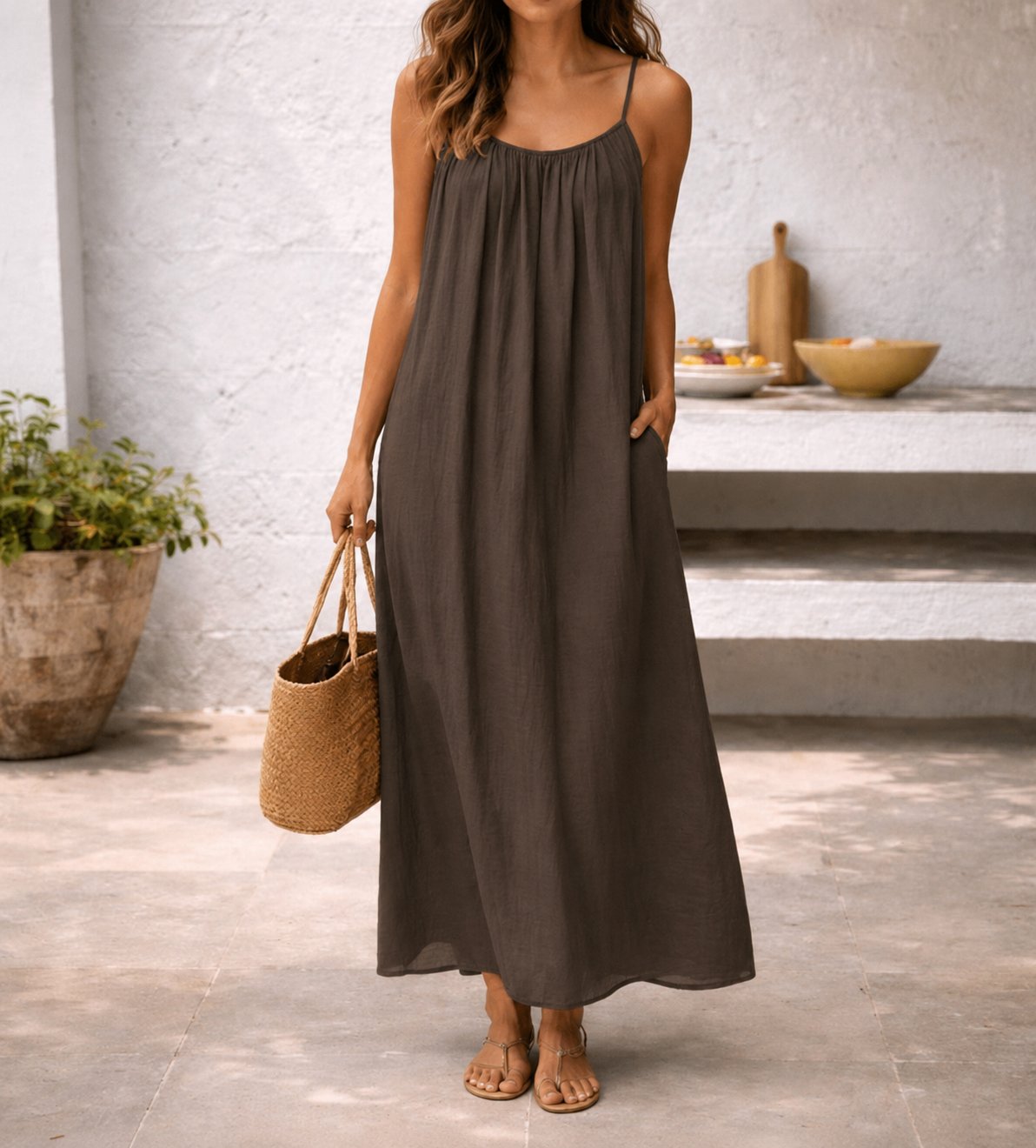 Vestido Largo de Lino con Tirantes Ajustables y Bolsillos
