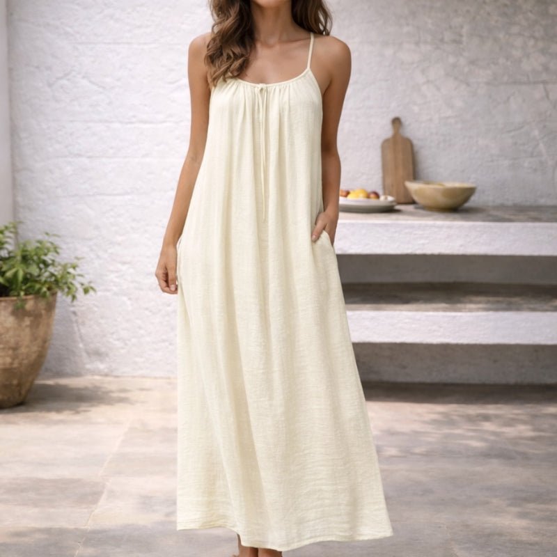 Vestido Largo de Lino con Tirantes Ajustables y Bolsillos