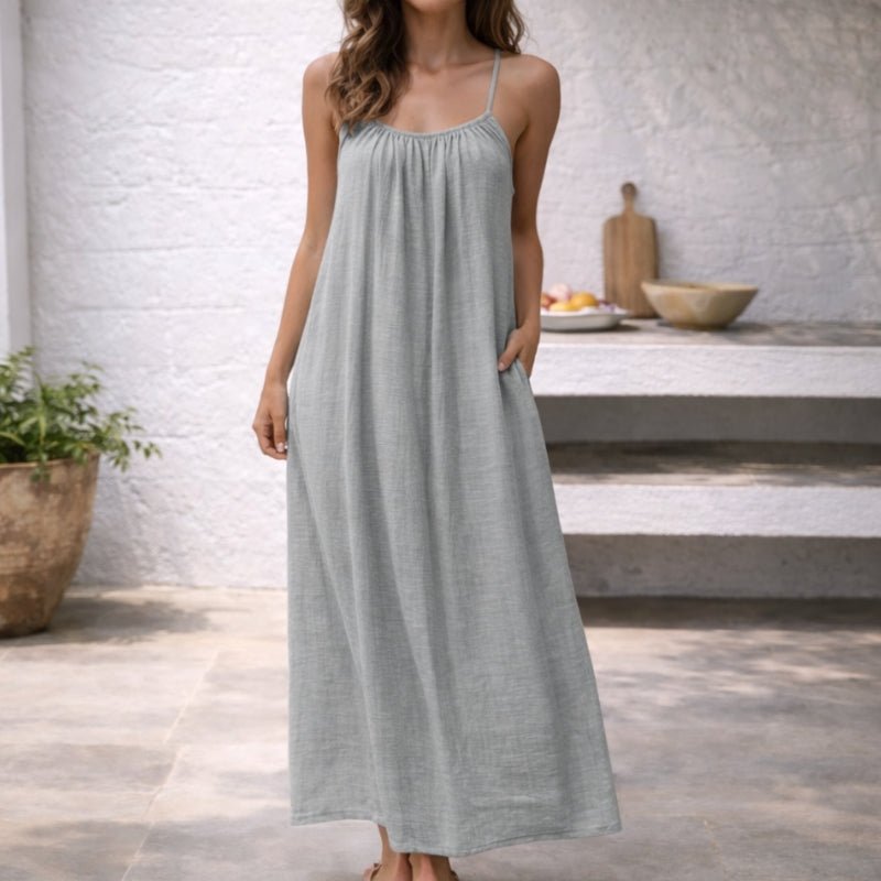 Vestido Largo de Lino con Tirantes Ajustables y Bolsillos