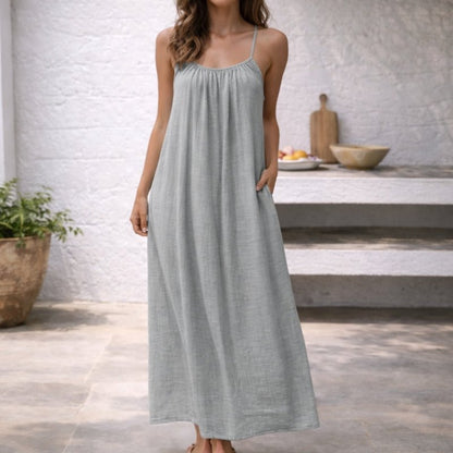 Vestido Largo de Lino con Tirantes Ajustables y Bolsillos