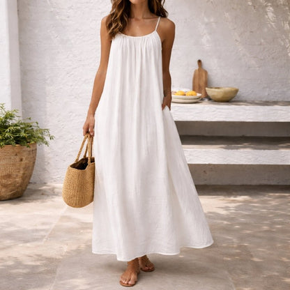 Vestido Largo de Lino con Tirantes Ajustables y Bolsillos