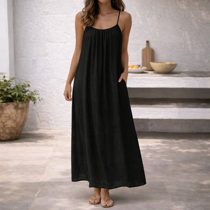 Vestido Largo de Lino con Tirantes Ajustables y Bolsillos