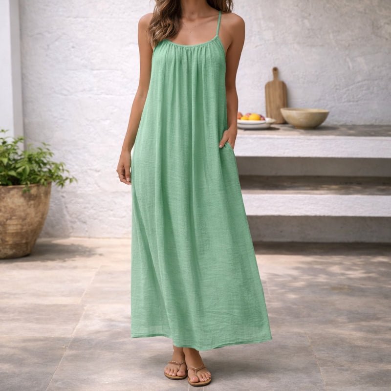 Vestido Largo de Lino con Tirantes Ajustables y Bolsillos