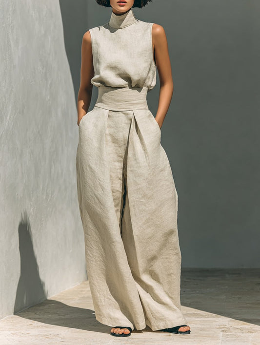 Conjunto de Blusa sin Mangas con Cuello Alto y Pantalón Holgado para Mujer