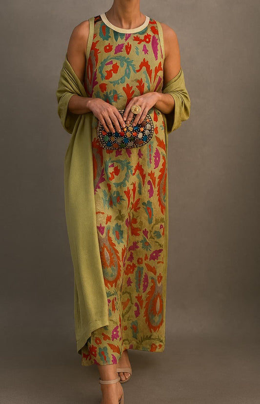 Vestido Maxi Sin Mangas con Estampado Floral y Bufanda Coordinada